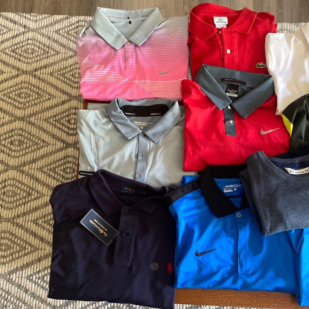 17 very lightly worn golf polos/sweater Nike tiger woods polo Lacoste Travis Mat